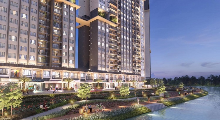 Phối cảnh thiết kế nhà phố thương mại và công viên bờ sông Palm Garden - Palm City