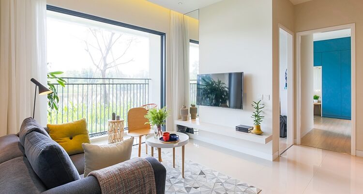 Phòng khách căn hộ mẫu Palm Heights 2 phòng ngủ